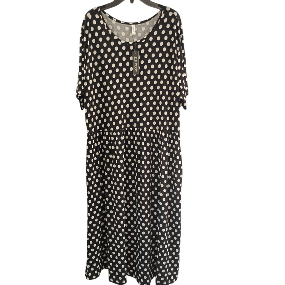 DB Moon Womens Black&White Polka Dot Dress Plus Size 3X Stretchy With Pockets